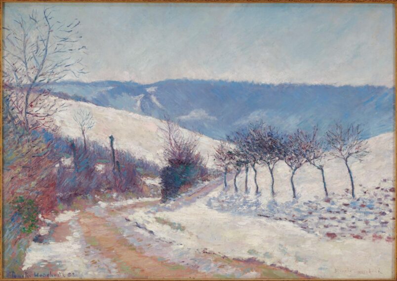 abstract painting of a snowy landscape with a slightly cleared roadway and bare trees on the edge