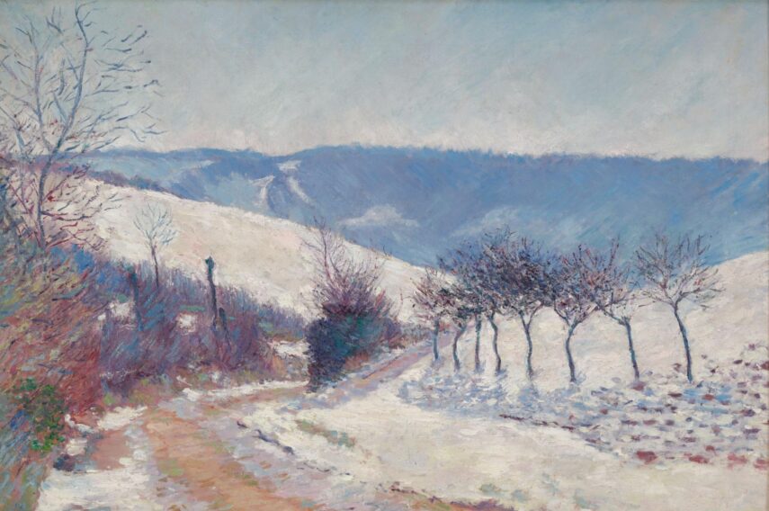 abstract painting of a snowy landscape with a slightly cleared roadway and bare trees on the edge