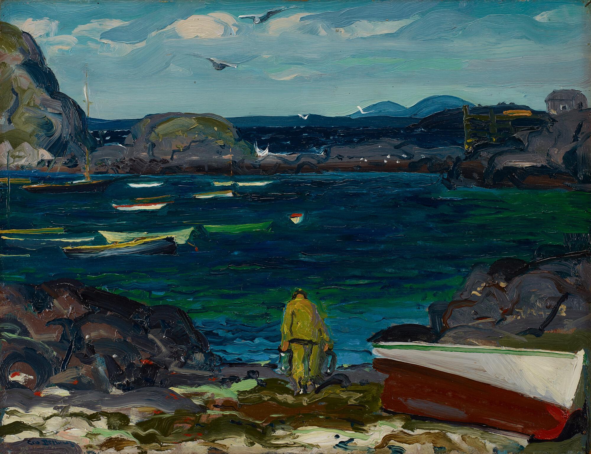 Loose painting of the Maine coast, with a man standing on shore next to small boat overlooking the water