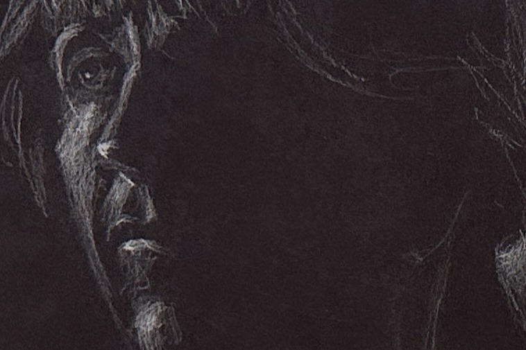Black-and-white sketch of a woman's face drawn on black paper with white pencil