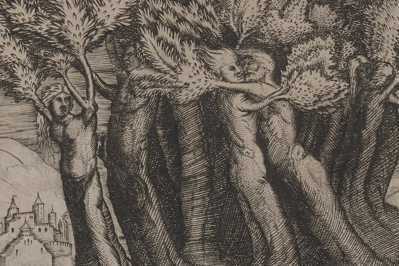 detailed view of the drawing Parnassus Profaned, which shows people as trees with roots for legs and branches for arms hugging each other