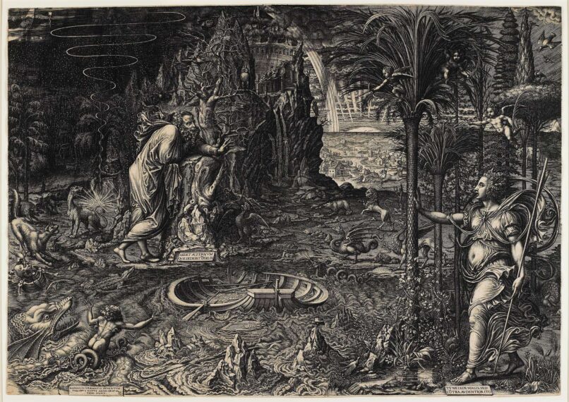Dense landscape that shows mythical creatures, including a triton, a dragon, and a centaur