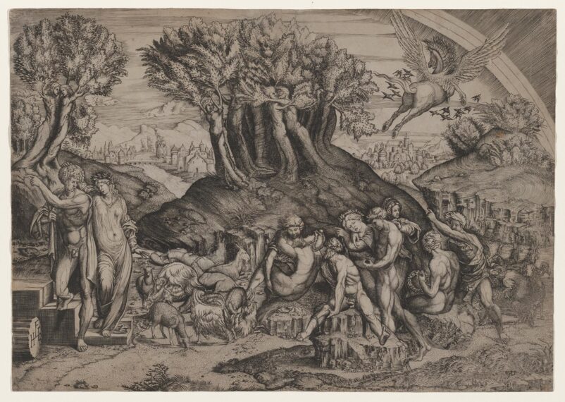 scene with 10 figures in various states of undress, interacting in small groups with goats and sheep scattered between groups and personified trees on the hilltops