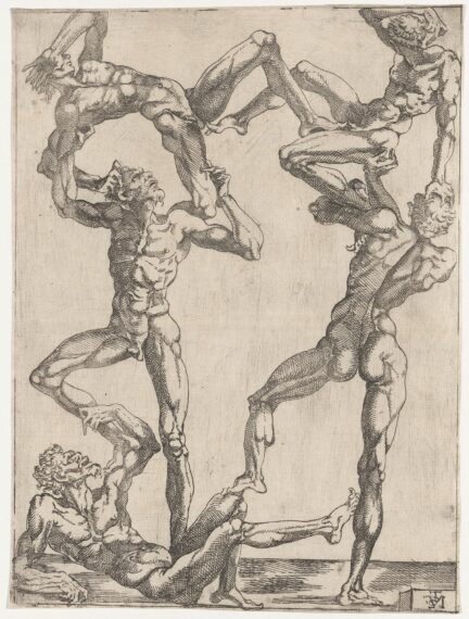 Pencil sketch of four muscular naked men on top of each other's shoulders against a beige background