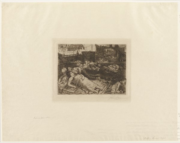 etching of loose shapes of people sleeping on a roof