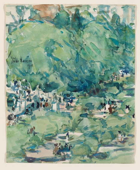 abstract painting of a people in a park, with lots of greens and blues and people represented by small black, brown and white lines