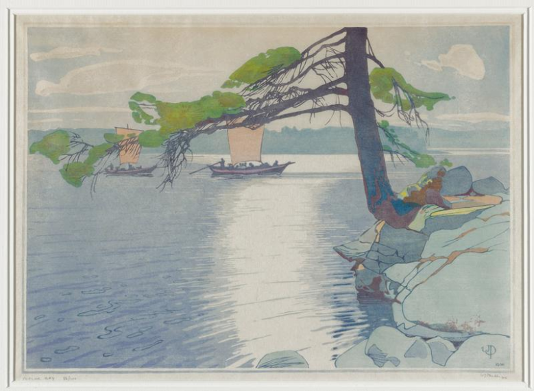 watercolor painting of a lake with a rocky and large tree in the foreground and a sailboat on the water