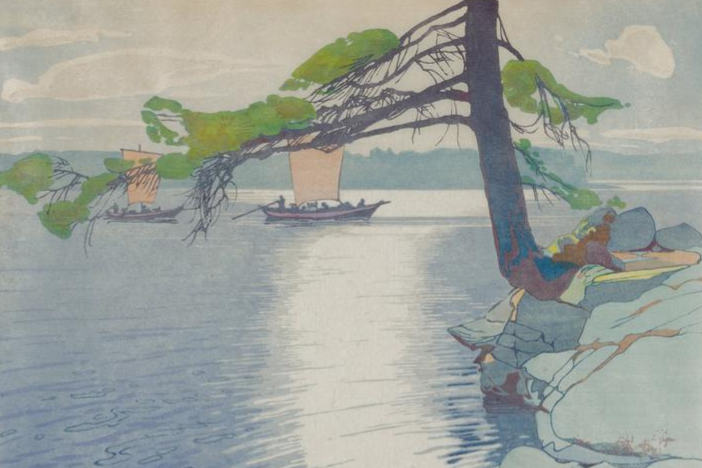 watercolor painting of a lake with a rocky and large tree in the foreground and sailboats on the water