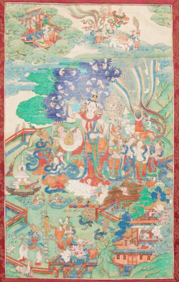 textile rendering of the birth of Buddha and scenes from his life