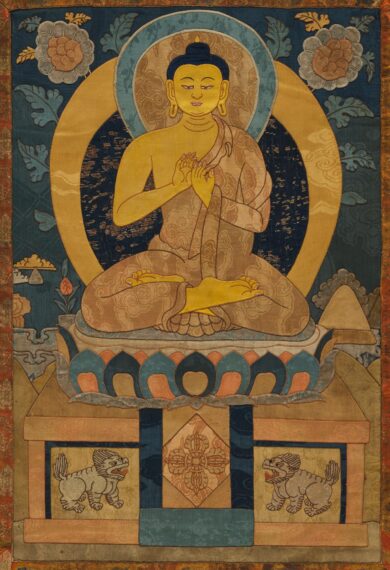 The Buddha depicted on textiles, with blue and yellow-gold hues