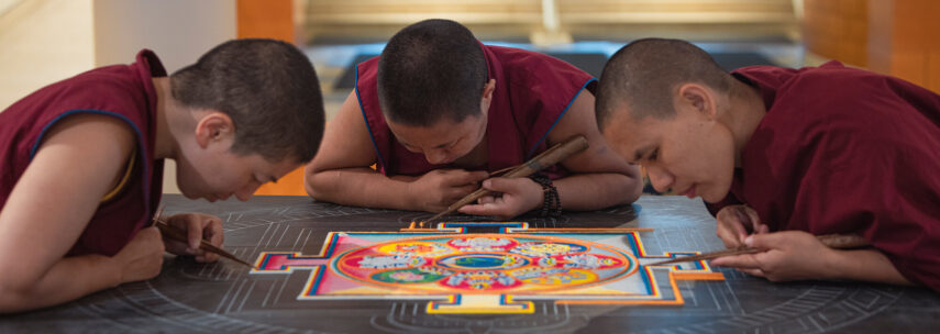 Tibetan nuns from the Jangchub Choeling Nunnery creating the Green Tārā Sand Mandala at Mia in 2024