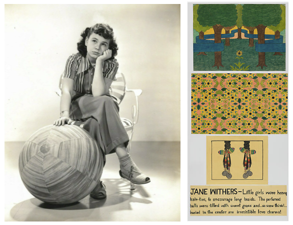 Left: black-and-white photo of Jane Withers; Right: Mary Sully's triptych of Jane Withers