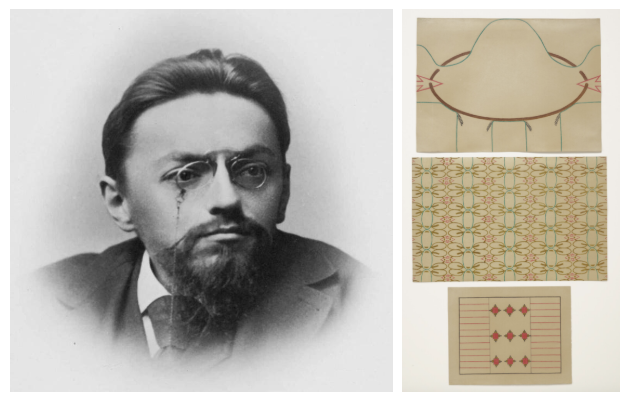 Left: Black-and-white photo of Charles Steinmetz. Right: Mary Sully's triptych of Charles Steinmetz.
