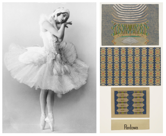 Left: Black-and-white photo of Anna Pavlova wearing a ballerina costume. Right: Mary Sully's triptych of Anna Pavlova. 