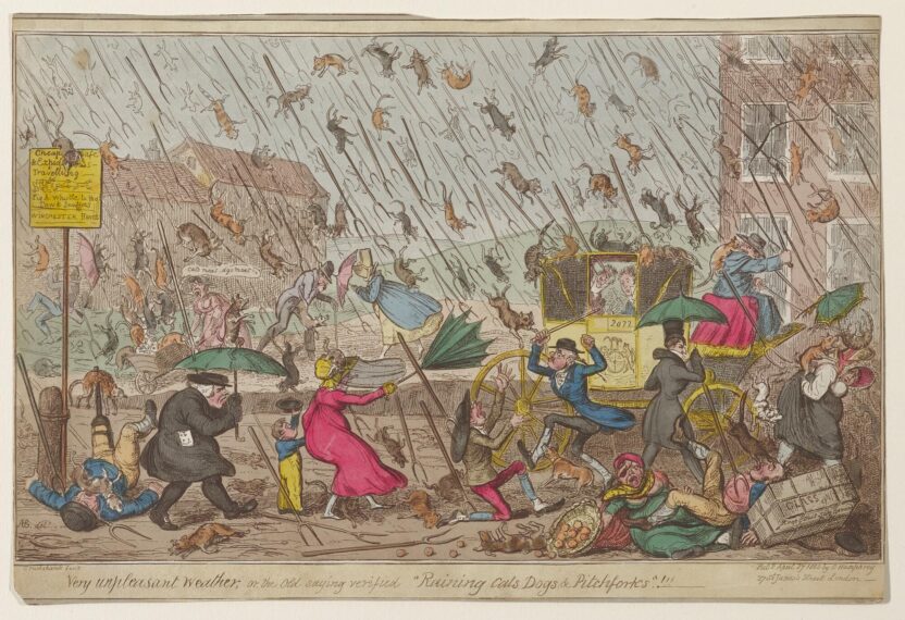 colorful drawing of people walking outside with umbrellas and a sky that is raining cats, dogs, and pitchforks