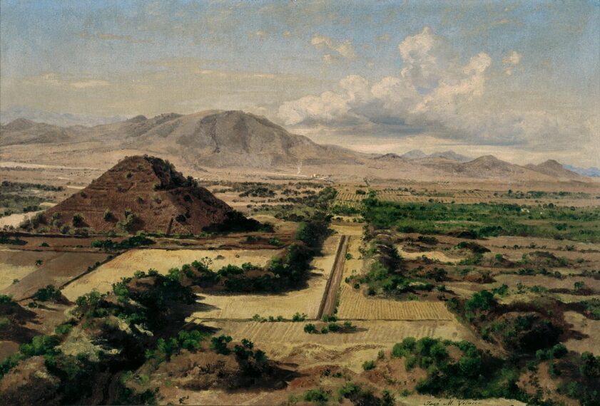 Landscape painting of an ancient temple in Mexico with mountains and clouds in the background