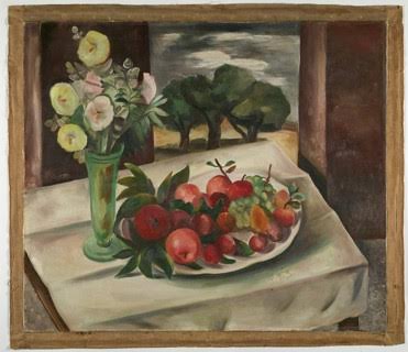 still life painting of a plate of fruit and a vase with flowers