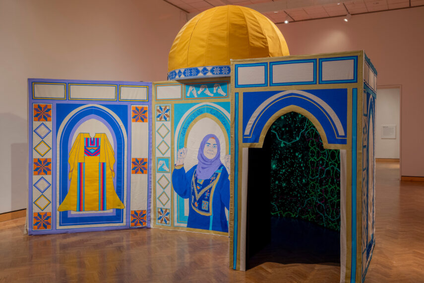 Photo of one of the installations on view in the exhibition "Hend Al-Mansour: Mihrabs: Portraits of Arab American Women"