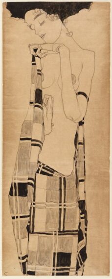 elongated sketch of a naked woman with a checkered cloth wrapped around her waist