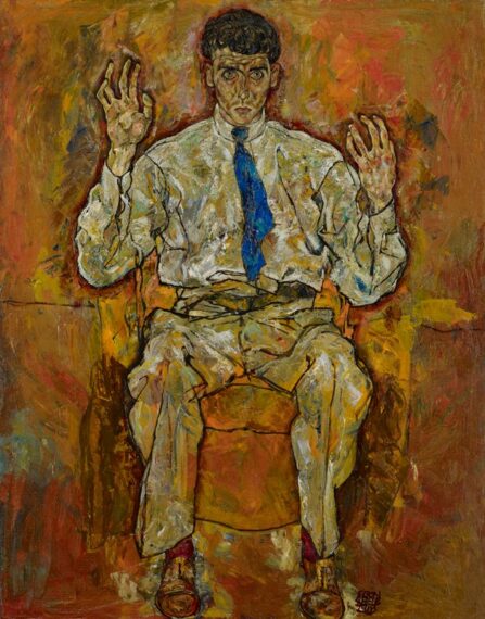 abstract painting of a man sitting on chair with his hands raised at shoulder height