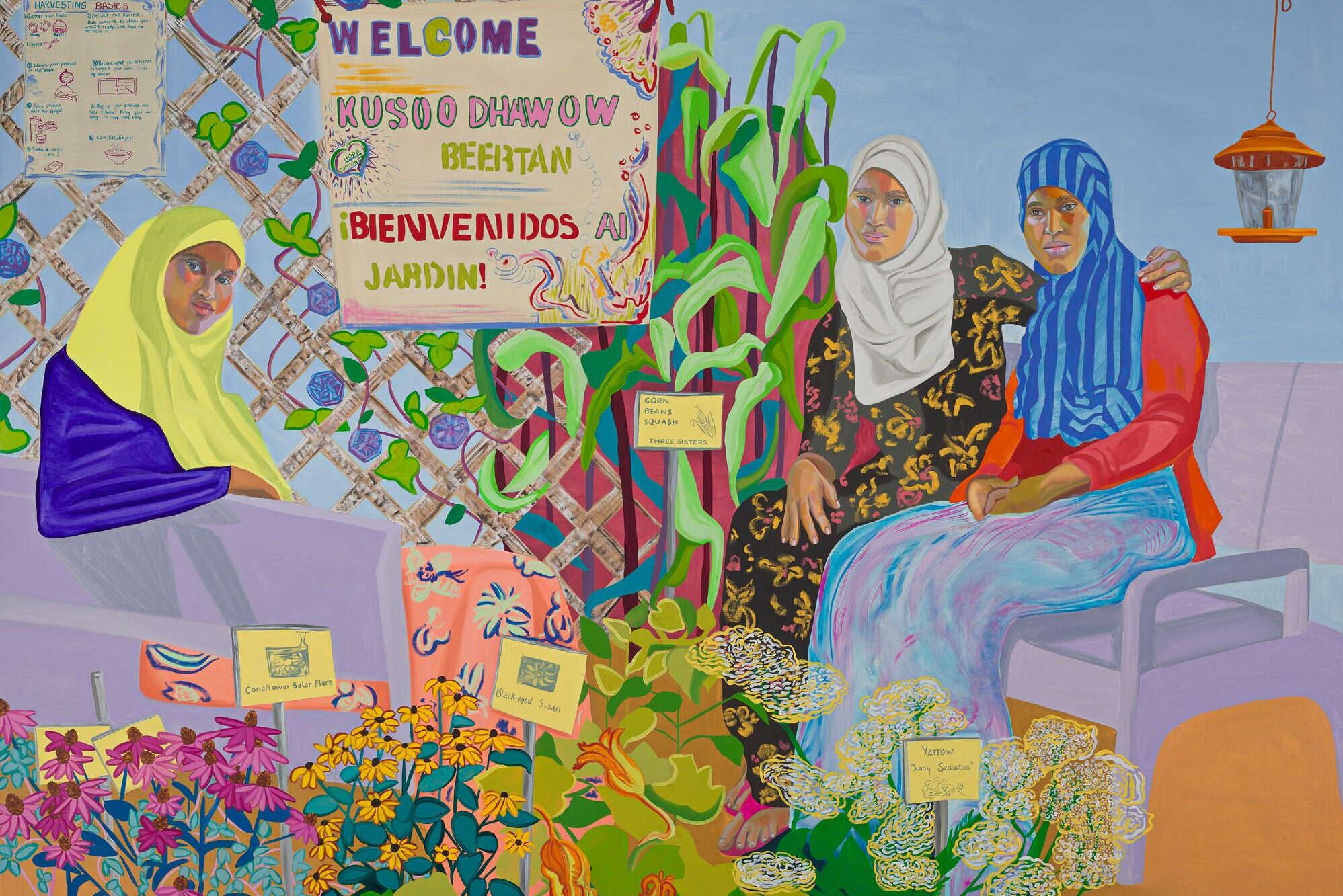 portrait of three seated women wearing colorful clothing and headscarves surrounded by plants and flowers in the front and lattice with climbing plant with blue flowers in background