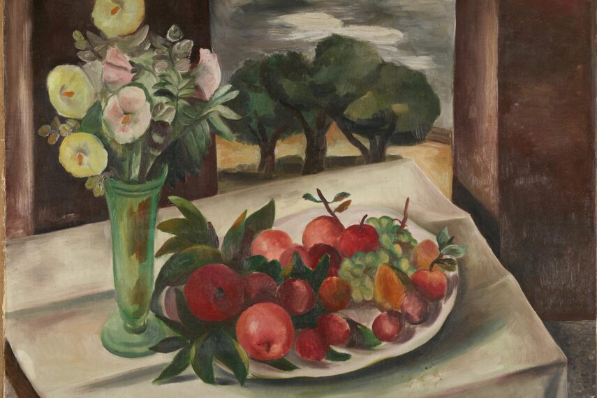 still life painting of a plate of fruit next to a vase of flowers on a table with a white tablecloth