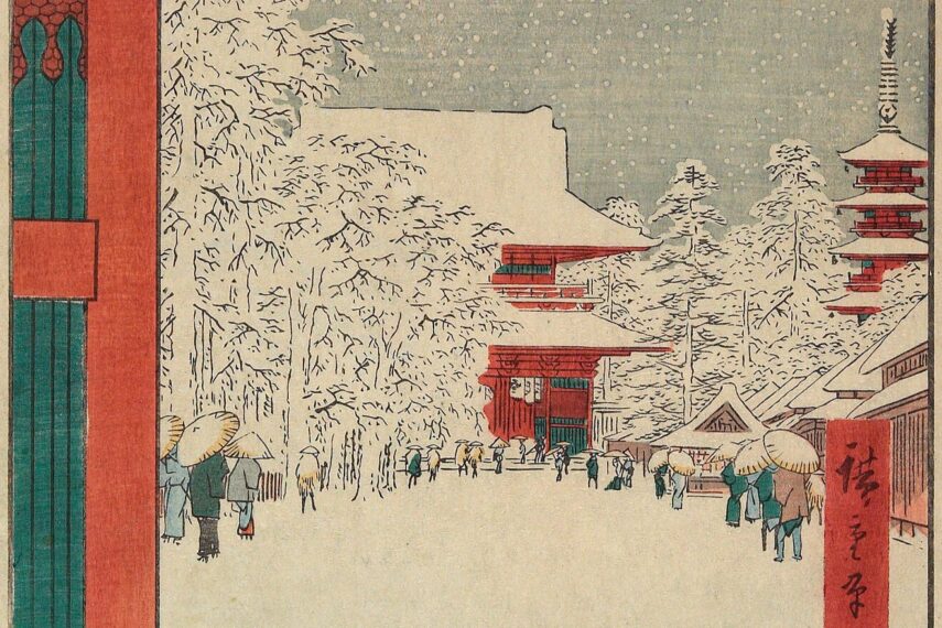 Print of a Japanese temple covered in snow with people walking around