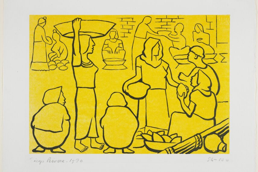 Drawing a street market with figures and objects outlined in black drawn on top of a yellow background