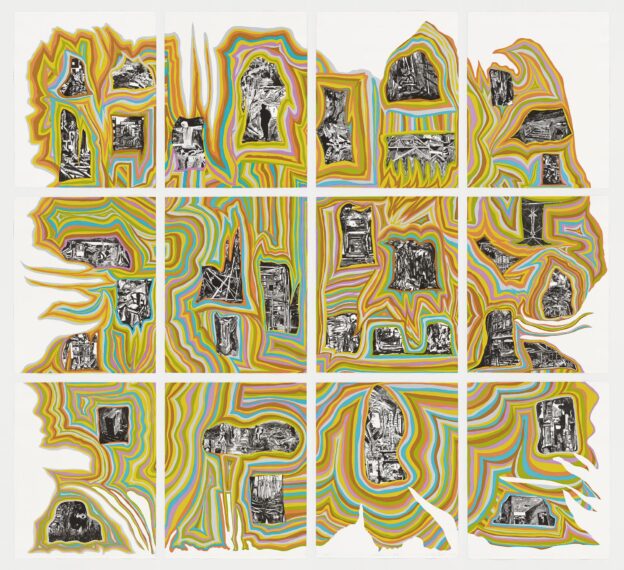 Composite print composed of 12 square panels in a 3 x 4 square, each featuring colorful squiggly lines with various black-and-white drawings on top