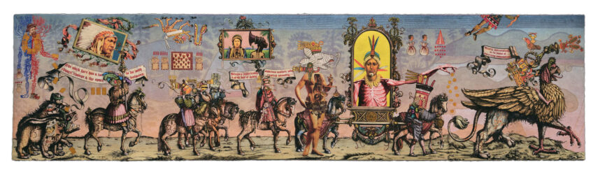 Scroll showing people on horses with various unrelated side drawings