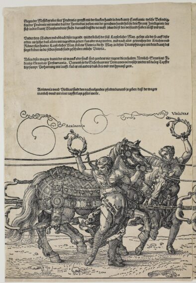 drawing showing the procession of the emperor pulled by ornate horses and people waving wreathes 