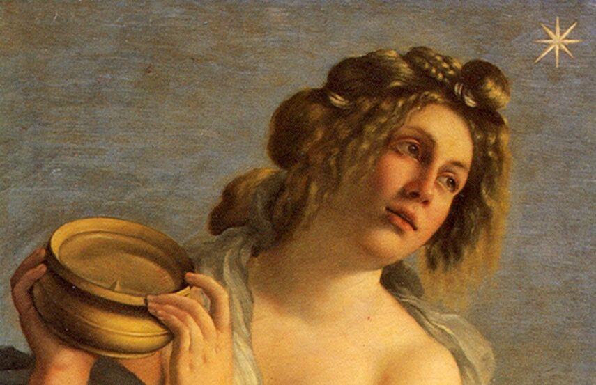 Painting of a woman in a loosely wrapped dress holding a bowl and looking to the side