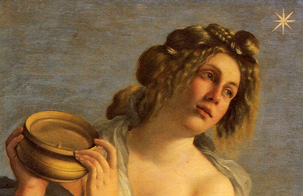 Painting of a woman in a loosely wrapped dress holding a bowl and looking to the side