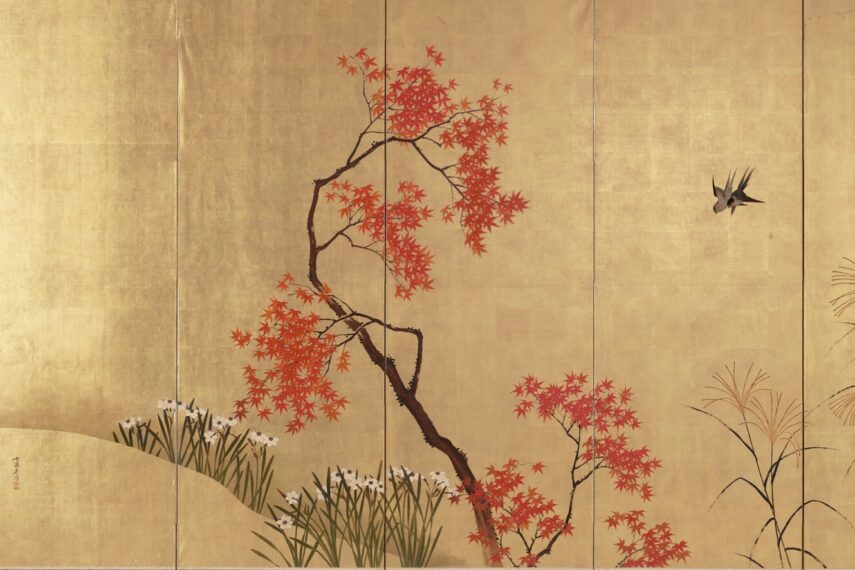 silk screen showing a tree with red leaves, white flowers on the ground, and birds flying against a gold background