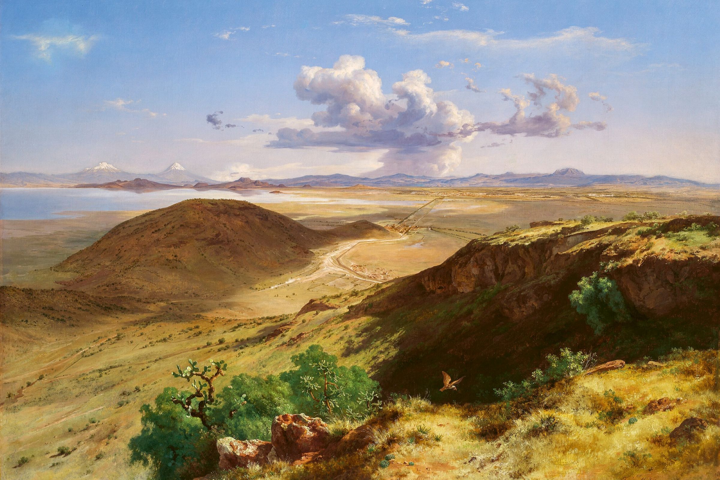 painting of a valley in Mexico, with ridges of brown, yellow and green, and a lake and snow-capped mountains in the distance