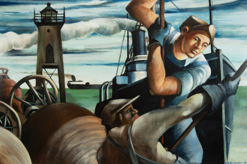 Painting of two workers on a dockyard, pulling on ropes, with a ship in the background