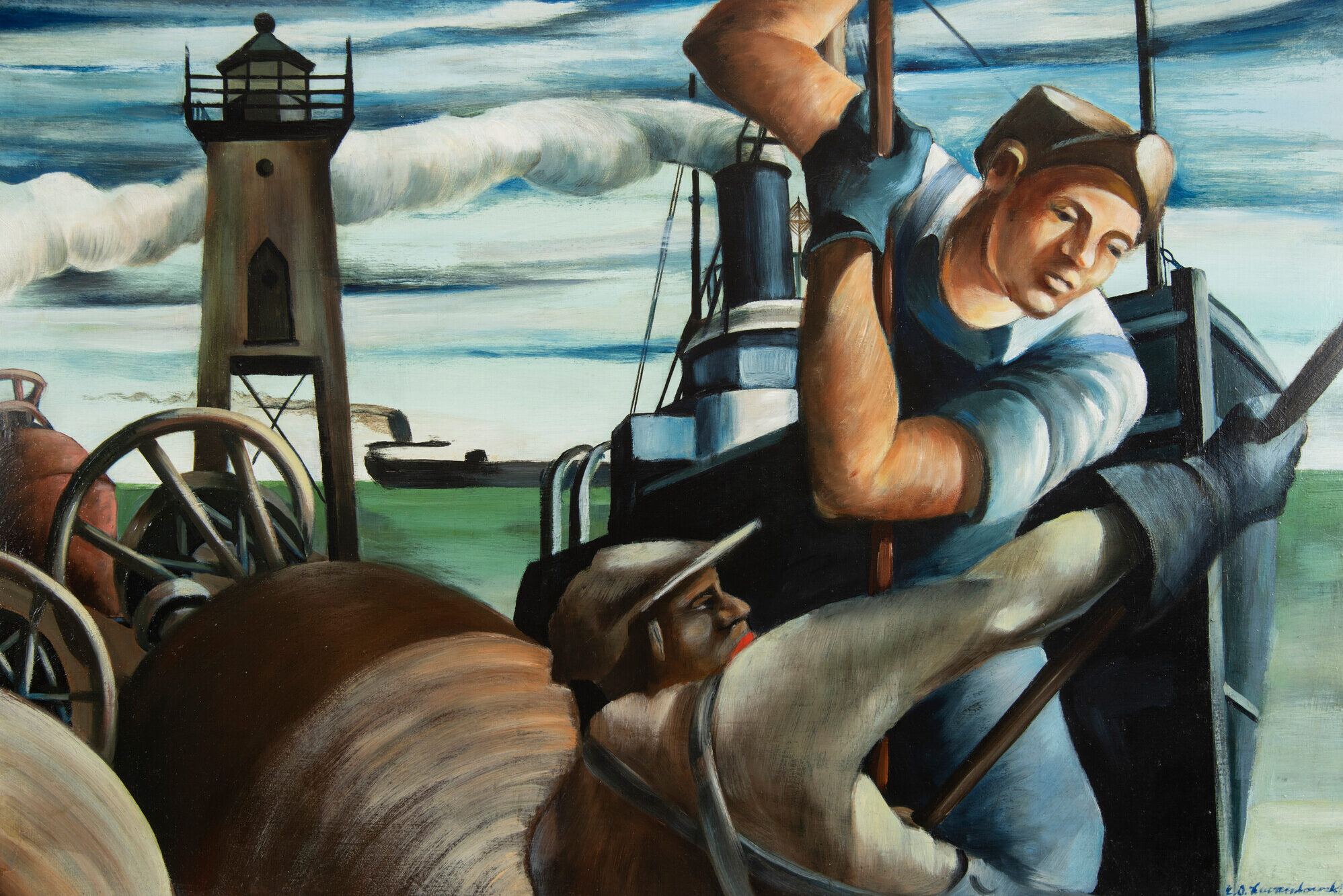 Painting of two workers on a dockyard, pulling on ropes, with a ship in the background