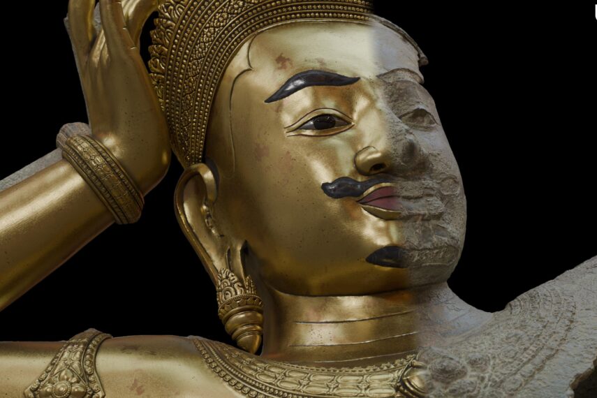 Imagine rendering of the head and bust of the West Mebon Vishnu statue, with gold on the face and black eyebrows and mustache