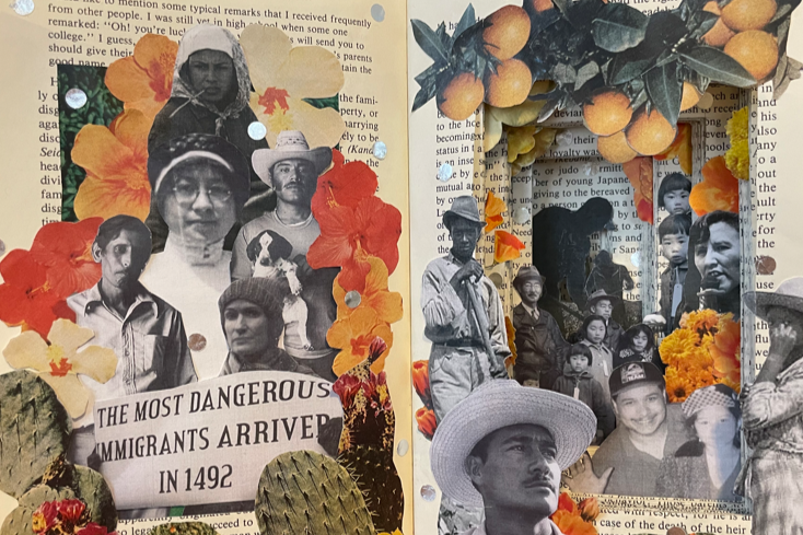 image of a collage showing cut out black-and photos of people, cacti, and citrus branches on top of written text