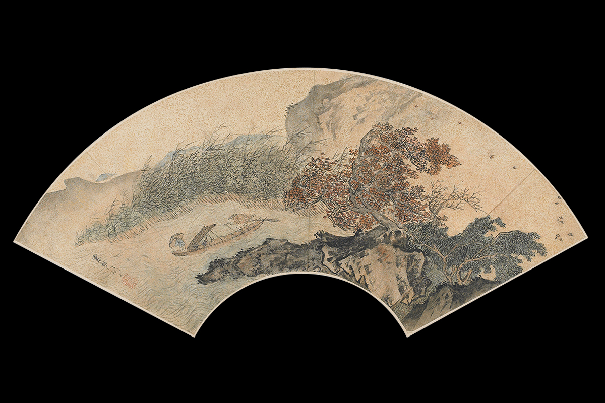 fan mounted as an album leaf; two fishermen at sea during a storm; rocks and bending trees in foreground lower right, fishermen at lower left, bamboo behind boat with a mountain range in the distance