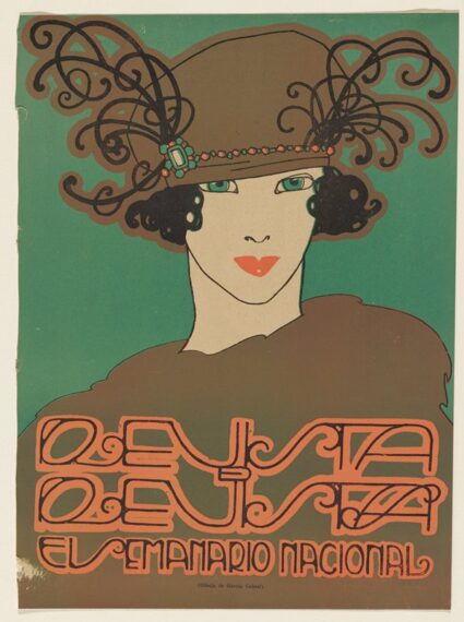 Print drawing of a woman wearing an elaborate brown hate with curly frills