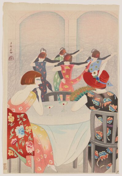 Print featuring modern women in Western gowns and bobbed hairstyles. two ladies wearing brightly-patterned dresses seated at a table in foreground; woman at right wears black dress with blue and brown leaf pattern and red hat with white feather and flowers and green and gold feathered fan; woman at left wears peach and yellow dress with white, yellow and blue flowers; red flowered garment on back of same woman's chair; four dancing couples in center middle ground