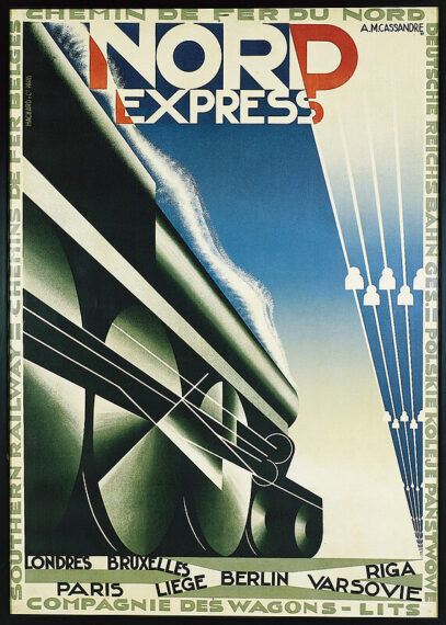 Travel poster of a train with the train engine as the left half of image; five slanted vertical white lines on a blue ground on the right third of image, with the words Nord Express at the top