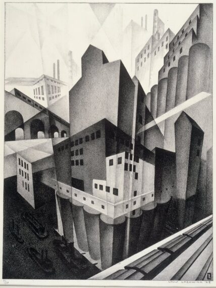 Drawing of an abstracted view of Minneapolis in the 1920s, with a riverfront dominated by railroads, factories, and grain silos