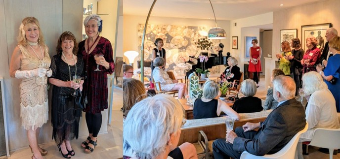 Photo of people wearing flapper clothing and sitting around a house listening to a speaker