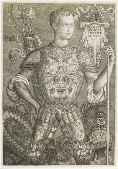 engraving of a moody duke wears armor ornamented with symbols of the Medici dynasty