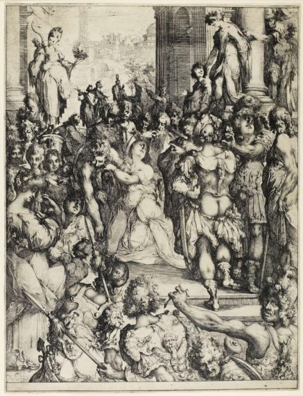 kneeling woman at center of image surrounded by various figures of men (some wearing armor garments) and some women at left; view down city street at upper left: columns in upper corners with figures standing on plinths