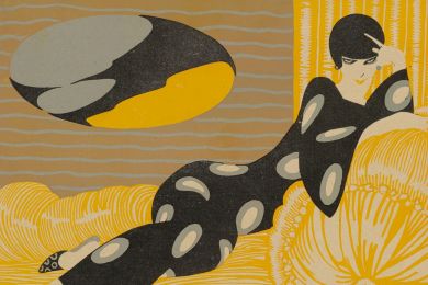 Lithograph of a woman in a black dress reclining on a sofa set against a yellow background