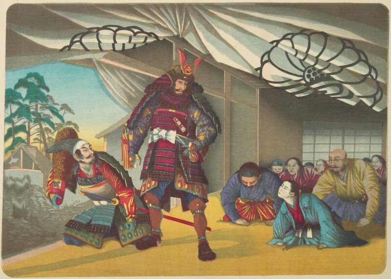 Scene of a samurai wearing his armor standing in a romm with others bowing down