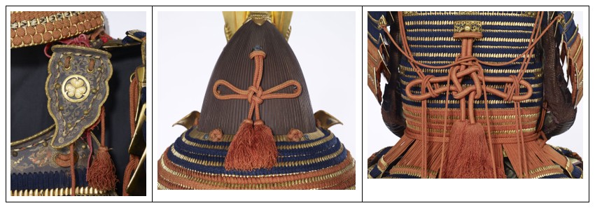 Close up photos of the armor showing the shoulder plate, helmet, and cords that fastened the armor together